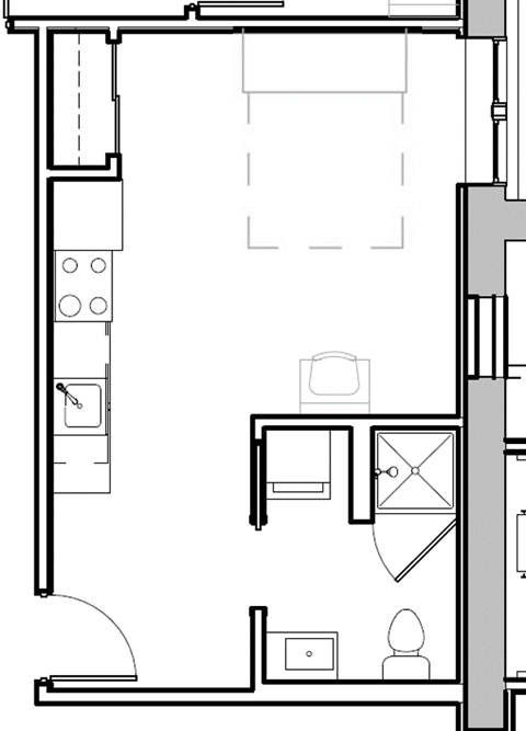 Floor plan for studio, 1 bath, 365 sqft